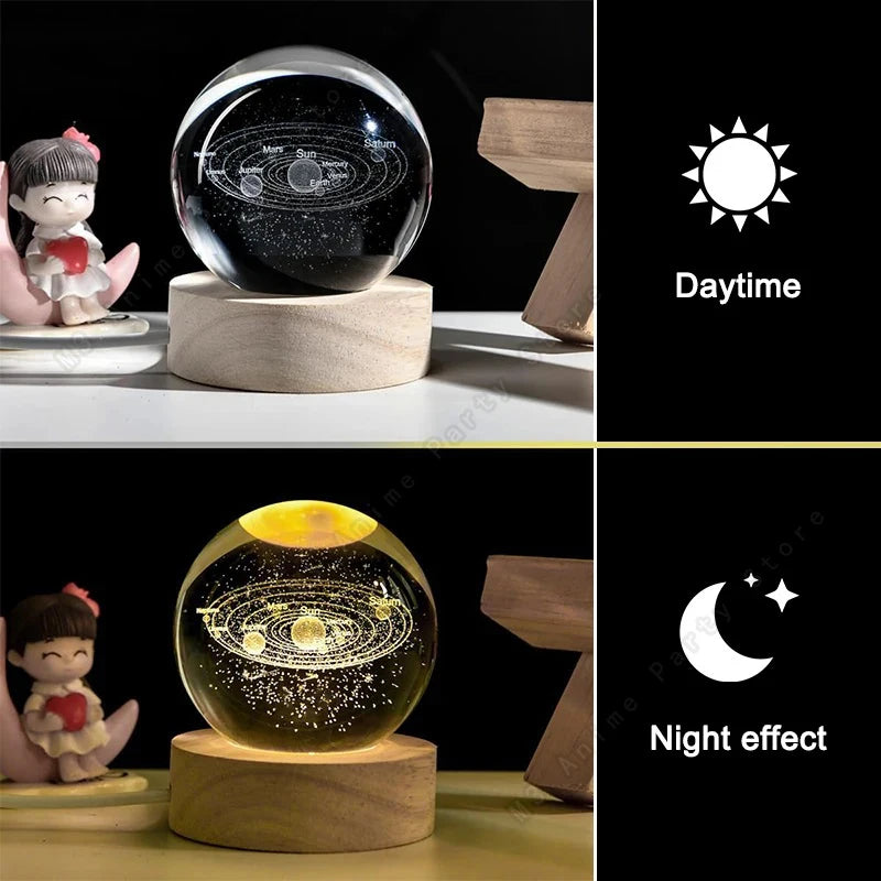 Unique 3D Crystal Ball Night Light Led Lamp Bedside Table Galaxy Lamp Glowing Saturn Planets Moon Children Birthday Gift Toy 5cm