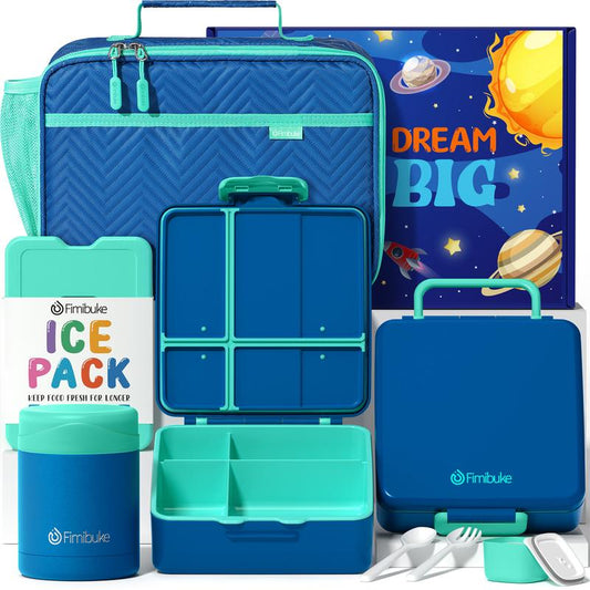 Fimibuke Bento Snack Lunch Box with 4 Compartment, Insulated Bag, Stainless Steel Vacuum Thermos Food Jar, Ice Pack, Utensils Set, Birthday Gift for Back to School Girl & Boy Adult