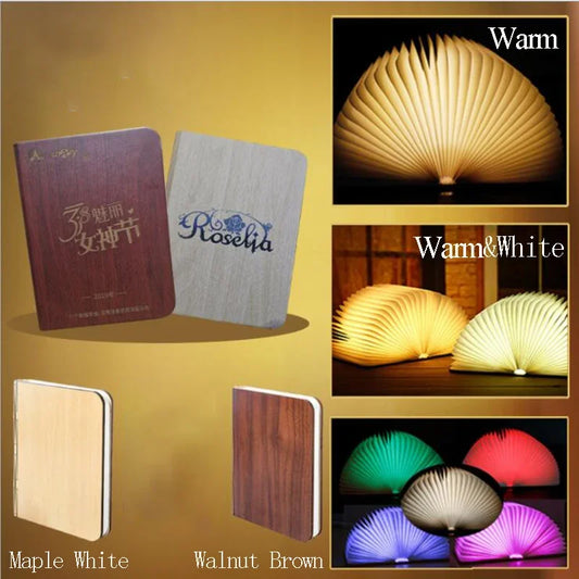 3D Creative LED Book Folding Lamp RGB 5 Color Wooden Book Lamp USB Rechargeable Night Lamp Desktop Decorative Lamp for Kids Gift