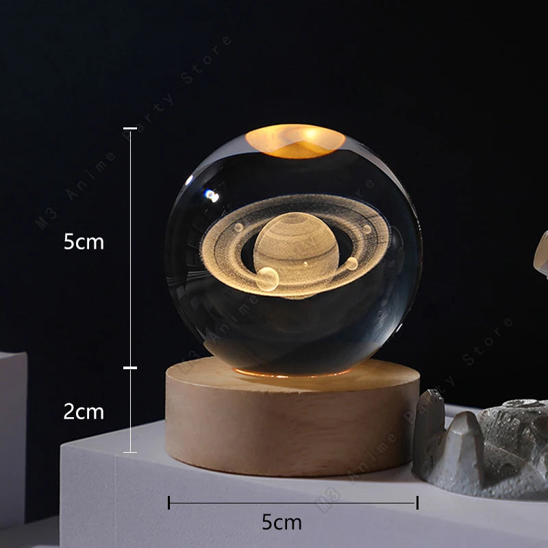 Unique 3D Crystal Ball Night Light Led Lamp Bedside Table Galaxy Lamp Glowing Saturn Planets Moon Children Birthday Gift Toy 5cm